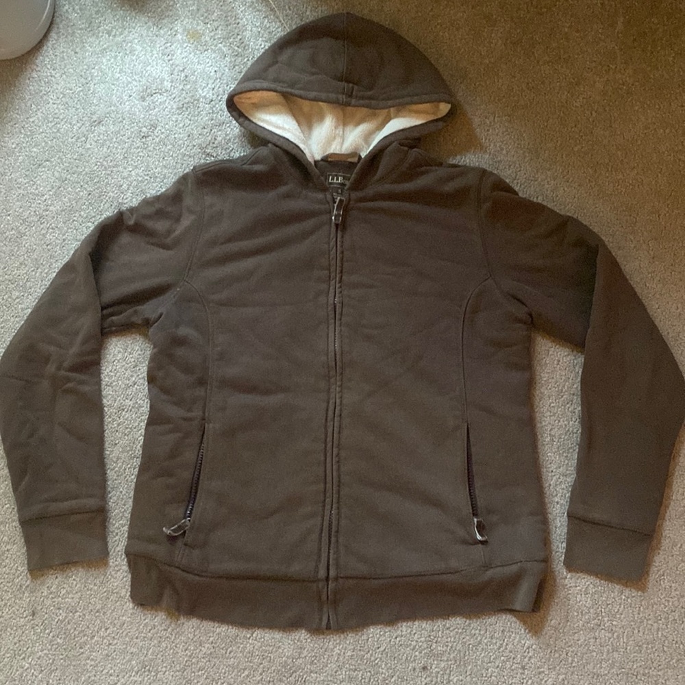 LL Bean fleece lined brown zip up sweatshirt with hood